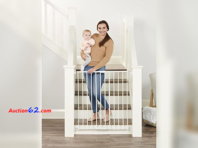 Lot 44-7340b - Regalo 2-in-1 extra tall easy swing stairway and hallway walk through baby gate, white, 24" - 40.5" wide 36" high  Appears New, A basic insp...