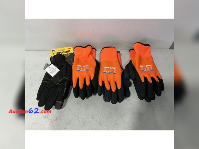 Lot 44-734i - (3) Firm Grip Utility Gloves, Waterproof, Black/Orange size Large- (1) Firm Grip Utility Glove, Black/Yellow size Medium Appears New, A basi...
