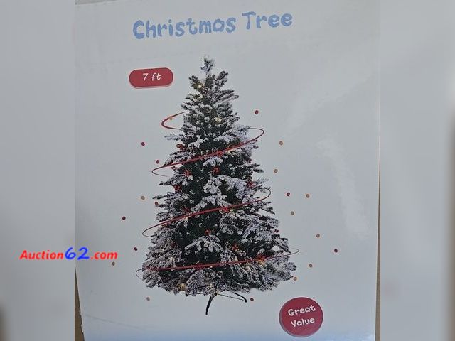 Lot 44-6950p - 7 Ft Pre Lit LED Artificial Christmas Tree Partial Snow Flocked with Pinecones Appears New, A basic inspection has been given to this item. ...