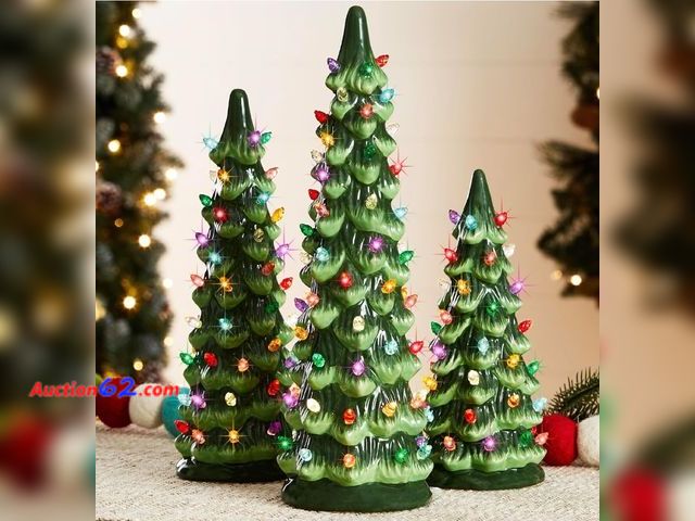 Lot 44-7393p - Set of 3 Ceramic Christmas trees, pre-lit hand-painted table top Holiday decoration w/multicolor bulbs, LED lights, green  Appears New, A ba...