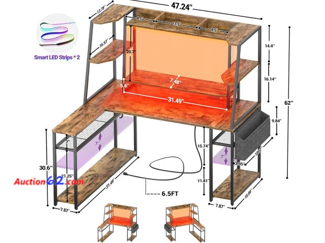 Lot 44-9065g - Retail of $149.99- L Shaped Gaming Desk with Hutch, 47'' Gaming Computer Desk with LED Lights &amp; Power Strips Appears New