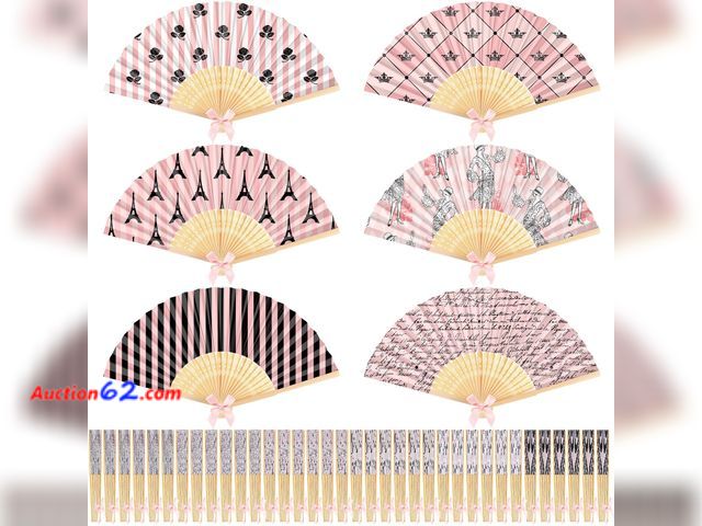 Lot 44-968m - Roowest 36 Pcs Paris Themed Party Favor Folding Hand Fan Bulk Pink Stripes Eiffel Tower Paper Bamboo Handheld Fan with Bow French Pattern Fo...