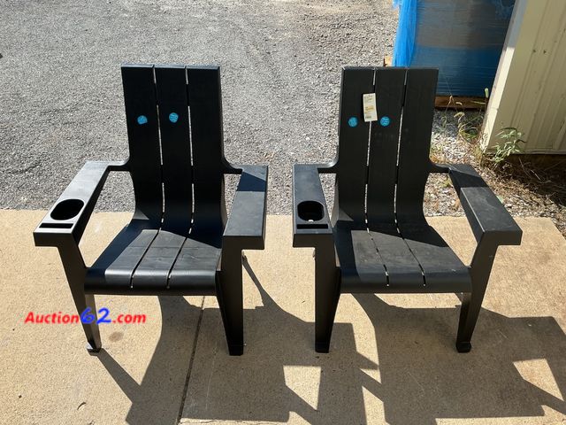 Lot 44-181e - $150 Retail price - Set of 2 Black Adirondack Chairs with Cup Holders E-Commerce Return, A basic inspection has been given to this item. Sol...