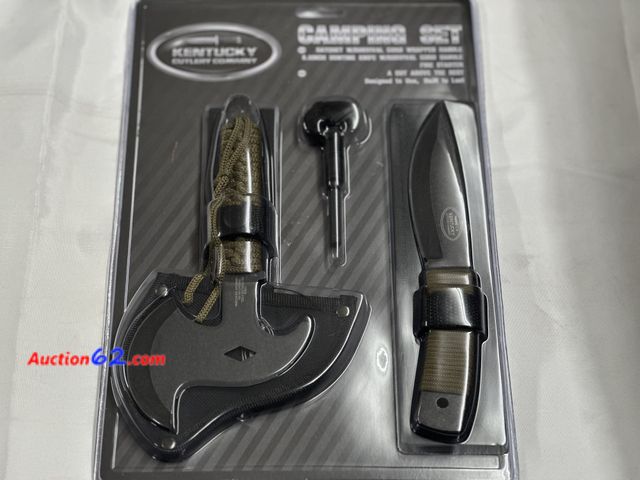 Lot 44-6027j - Kentucky cutlery camping set, hatchet, 5 in hunting knife and a fire starter. NEW. See All Photo's