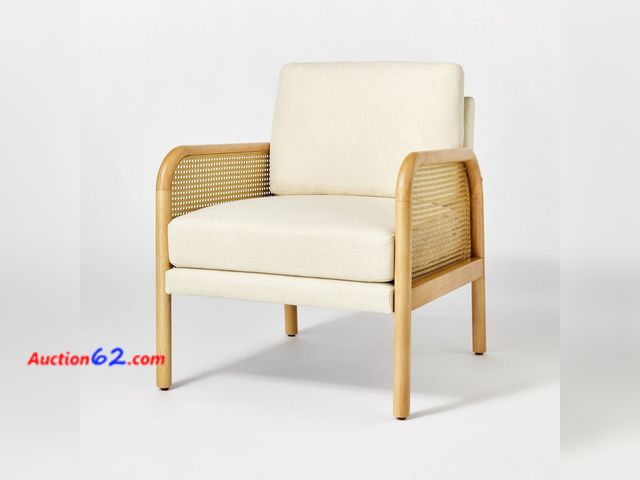 Lot 44-14a - $380 Retail price - Cane and Upholstered Accent Chair Cream - Threshold™ Designed with Studio McGee Assembly Required Appears New, A basic i...