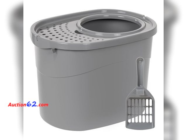 Lot 44-267p - Amazon Basics Large Cat Litter Box with High Sides, Top Entry, Includes Scoop, 20.5 x 14.75 x 14.38 inches, Grey Appears New, A basic inspec...