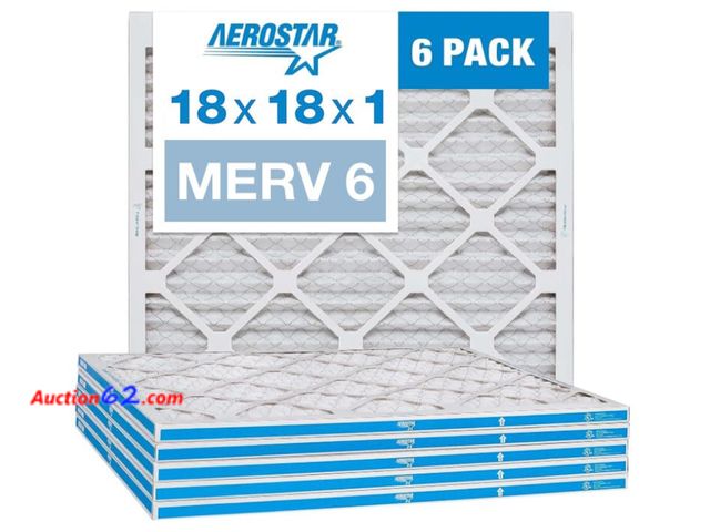 Lot 44-4036p - Retail value $27- Aerostar 18x18x1 MERV 6 Pleated Air Filter, AC Furnace Air Filter, 6 Pack (Actual Size: 17 3/4"x17 3/4"x3/4") Appears New,...