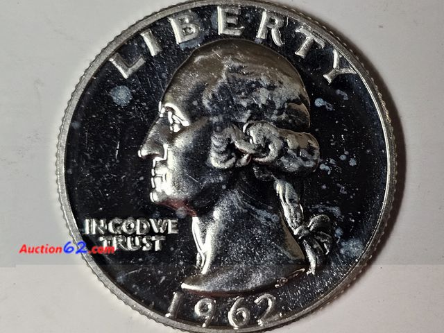 Lot 44-8351j - 1962 WASHINGTON 90% SILVER PROOF QUARTER. THIS COIN HAS QUITE A BIT OF CAMEO. MINTED IN PHILADELPHIA PRIOR TO WHEN SAN FRANCISCO STARTED STR...