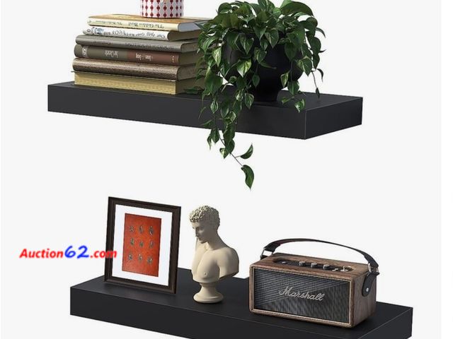 Lot 44-6540w - BONTEC 16 Inch Floating Shelves for Wall, Wood Bathroom Wall Shelves Set of 2, Wall Mounted, Holds 22lbs, Black E-Commerce Return, A basic i...