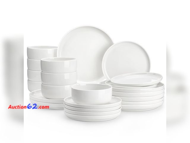 Lot 44-552e - $129.99 Retail price - MALACASA Plates and Bowls Sets, 24 Pieces Modern Porcelain Dinnerware Set for 8, Ceramic Dishware Dishes White Kitche...