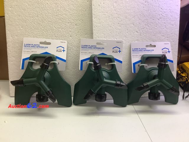 Lot 44-6201e - 3-Arm Plastic Revolving Sprinkler, 25ft radios/ 1900 sq ft. Appears New, A basic inspection has been given to this item. Sold AS-IS. See All...