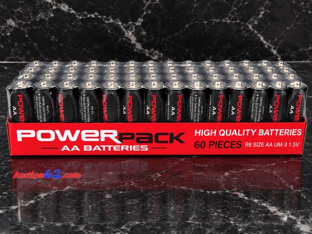 Lot 44-6032m - POWER PACK AA batteries, 60 per brick, high quality.  #32052 Appears New, A basic inspection has been given to this item. Sold AS-IS. See Al...