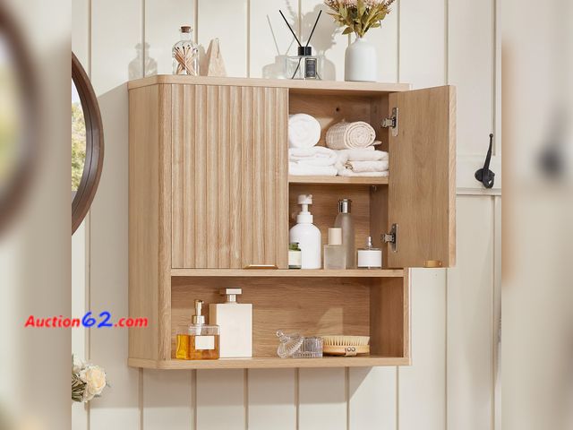 Lot 44-788w - $79.99 Retail price - LEYAOYAO Fluted Bathroom Wall Cabinet, Wall-Mounted Medicine Cabinet with Adjustable Shelf &amp; Doors, Farmhouse Floa...