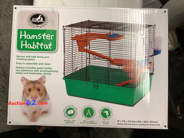 Lot 44-6198e - Hamster Habitat, secure and safe living and climbing space. Easy to assemble and clean, includes water bottles, 2 platforms with accompanyin...