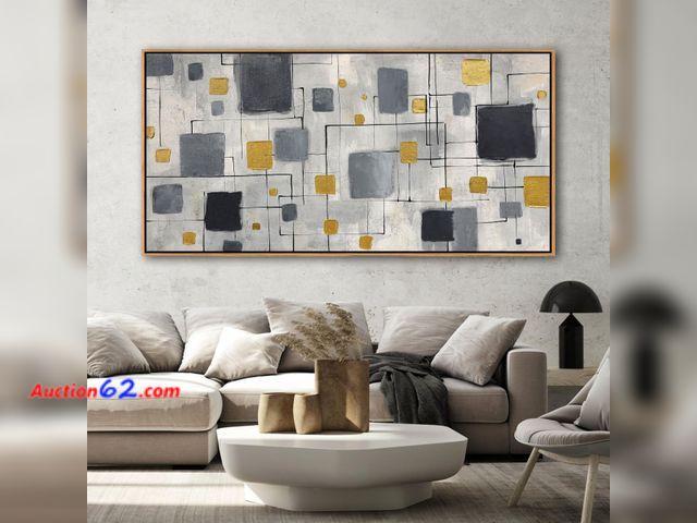Lot 44-118e - Abstract Geometric Squares Canvas Wall Art Gold Gray Black See All Photo's Appears New, A basic inspection has been given to this item. Sold...