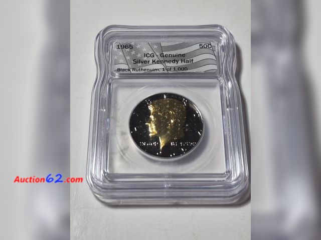Lot 44-8308j - 1965 KENNEDY 40% SILVER HALF DOLLAR WITH BLACK RUTHENIUM GRADED GENUINE BY ICG. THE COIN IS NUMBERED #1 OF 1000! THIS IS THE FIRST ONE THAT ...