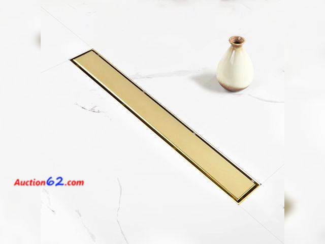 Lot 44-2545w - Elefloom Linear Shower Drain, 28 inch Gold Drain with Tile Insert 2-in-1 Panel, Brushed 304 Stainless Steel Gold Shower Floor Drain, Linear ...