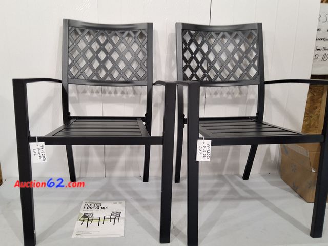 Lot 44-7203e - Stackable patio dining chairs set of 2, wrought iron, black all-weather, 25"D×23"W×35"H, supports 300 lbs, preassembled  Appears New, A basi...