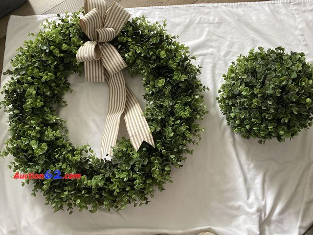 Lot 44-2004w - Gently used wreath with tan/cream striped ribbon. Approximately 24” X 24”.  Gently used large round sphere . See photos. Used See All Photo'...