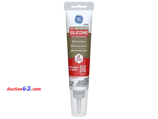 Lot 44-1933a - GE Advanced Silicone Caulk for Kitchen &amp; Bathroom, Clear, 2.8 fl oz Tube, 1 Pack - 100% Waterproof Silicone Sealant, 5X Stronger Adhesio...