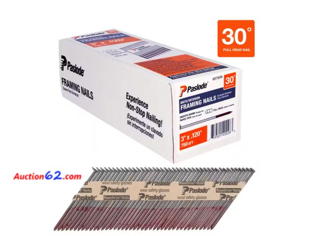 Lot 44-1118g - Retail value $29- 3 in. x 0.120 Round Drive 30-Degree Brite Steel Smooth Shank Paper Tape Framing Nails (750 per Box ) Appears New, A basic ...