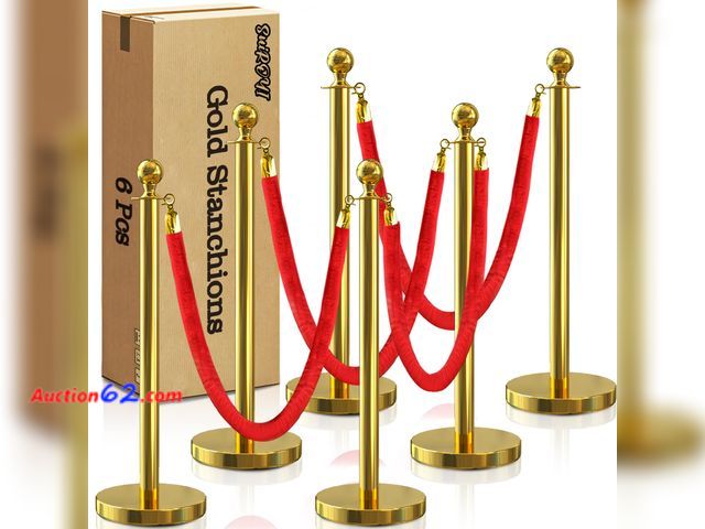 Lot 44-580e - $89.99 Retail price - SuiROYI 6 Pcs Gold Stanchions with Velvet Ropes with 4 Pcs 5 Ft Red Velvet Ropes Carpet Ropes Posts Stanchion Set for ...
