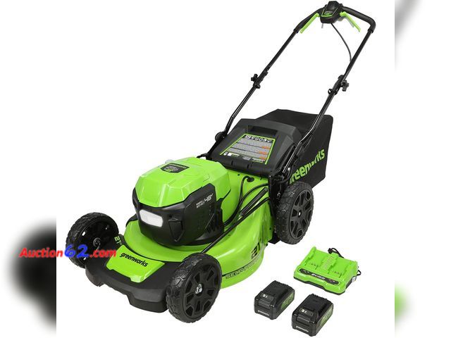 Lot 44-13w - $449.99 Retail price - Greenworks 48V (24V x 2) 21" Brushless Cordless (Self-Propelled) Lawn Mower (LED Headlight), (2) 5.0Ah Batteries and ...