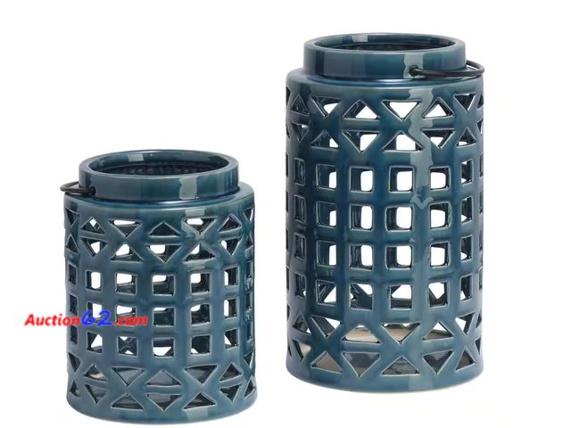Lot 44-163b - Retail of $51- Blue Ceramic Lanterns (Set Of 2) 1. Appears New, A basic inspection has been given to this item. Sold AS-IS.