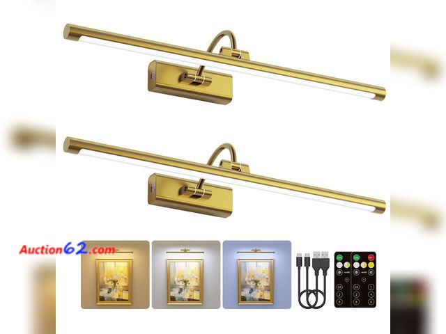 Lot 44-1778w - $112.99 Retail price - Craftersmark 2 Pack 24" Brass Gallery Picture Lights - 8000mAh Rechargeable Battery Powered Wireless Lighting for Lar...