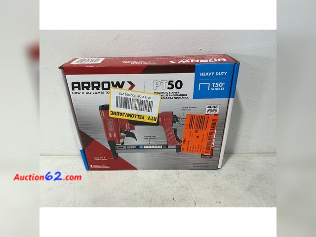 Lot 44-742i - Arrow PT50 Oil-Free Pneumatic Staple Gun, Professional Heavy-Duty Stapler for Wood, Upholstery, Carpet, Wire Fencing, Fits 1/4”, 5/16”, 3/8"...