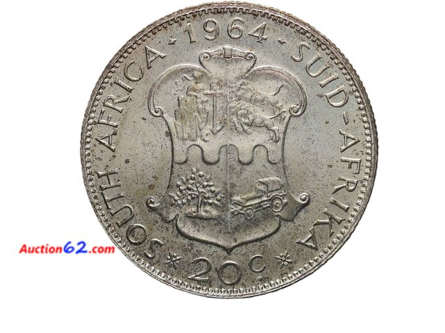 Lot 44-8310m - TONED 1964 TWENTY CENTS SOUTH AFRICA SILVER COIN. HAS .1818 TROY OUNCES OF SILVER.-T