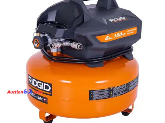 Lot 44-7028f - RIDGID 6 gallon 150 PSI  portable electric oil-free jobsite pancake Air Compressor with dual pressure gauges and 2-quick couplers  Appears N...