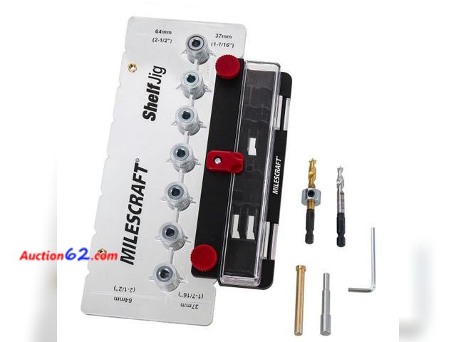 Lot 44-184g - Milescraft 1343 Shelf Jig – Create ¼ in. and 5mm Shelf Pin Holes for Cabinets. Standard 32mm Spacing. Shelf Pin Jig includes Two Drill Bits ...