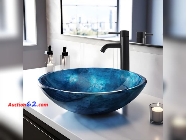 Lot 44-1162o - $119.99 Retail price - YIMAI Ingenuity Vessel Sink 16.5" Bathroom Sinks Tempered Glass Blue Art Basin Round Bowl with Faucet Combo Blue,Mode...