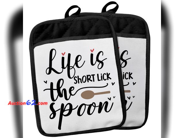 Lot 44-972m - Lot of 2 Packs of 2 - Funny Pot Holders with Pockets, Life is Short Lick The Spoon Funny Kitchen Gifts Pot Holders Heat Resistant Oven Mitts...