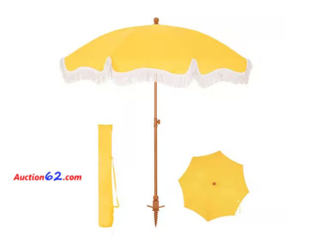 Lot 44-1830i - 7 ft. Metal Beach Umbrella in Yellow with Tassel Design and Cover Appears New, A basic inspection has been given to this item. Sold AS-IS. S...