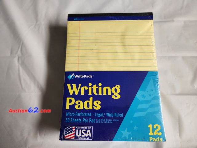 Lot 44-2140g - 1-12 pack legal, wide ruled writing pads. 50 sheets per pad. Each sheet 8 5 in. x 11.75in. Sells for 23.99 on Amazon. New still in wrapping....
