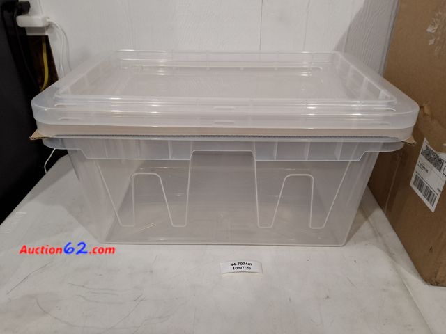 Lot 44-7074m - 4PK - Member's Mark 60 quart tote clear Appears New, A basic inspection has been given to this item. Sold AS-IS.