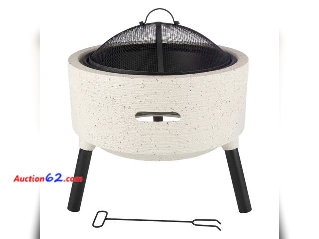 Lot 44-150j - $209 Retail price - Outdoor Fire Pit - 21” Round Faux Concrete Firepit - Wood Burning Fire Pit with Poker, Screen, Cover - Wood Fire Pits fo...