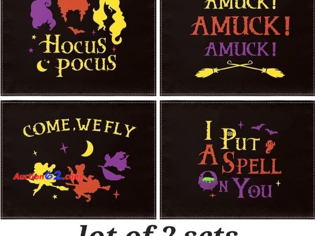 Lot 44-4027p - Lot of 2, Halloween Hocus Pocus Placemats for Dining Table, 12 x 16 Inch Witches Amuck I Put a Spell on You Table Mats Rustic Washable Dinne...