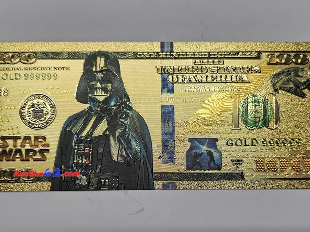 Lot 44-8300q - STAR WARS DARTH VADER GOLD PLATED 100 REPLICA NOTE. ALSO HAS THE MILLIENNIUM FALCON. THE REVERSE HAS TONS OF MODERN STAR WARS CHARACTERS.-T