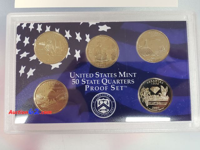 Lot 44-8530p - 2003 STATE QUARTER PROOF SET W/ILLINOIS, ALABAMA, MAINE, MISSOURI AND ARKANSAS QUARTERS IN ORIGINAL US MINT PACKAGING. COMES W/CERTIFICATE O...