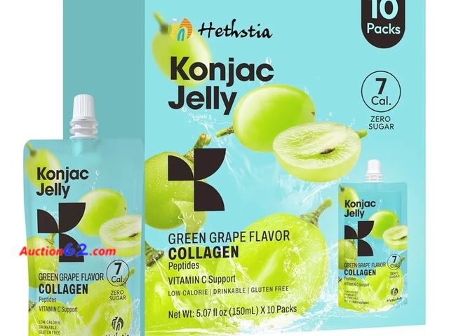 Lot 44-6842g - Konjac Jelly Green Grape Flavor, 10 Pouches, Drinkable Grape Jelly with Collagen Peptides, 7 Kcal, Sugar Free, Gluten Free, Keto, Vegan, On-...