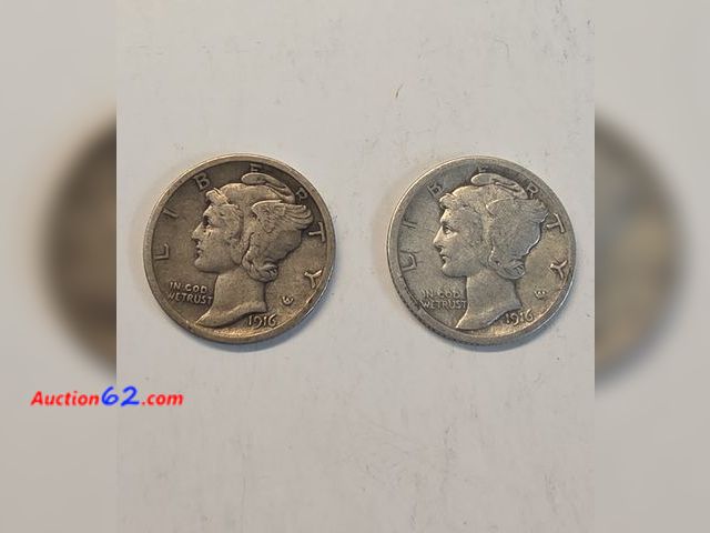 Lot 44-8334w - LOT OF TWO (2) FIRST YEAR 90% SILVER 1916 MERCURY DIMES!! THIS IS THE FIRST YEAR THAT THIS ICONIC DESIGN WAS MINTED!! MINTED IN PHILADELPHIA...