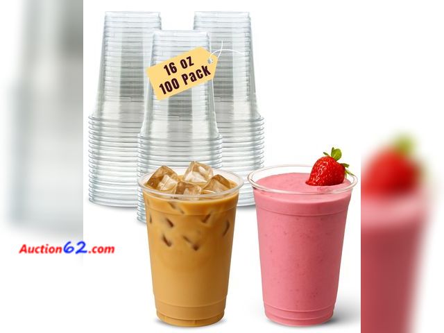 Lot 44-2769f - Aatriet 100 Pack 16 oz Clear Plastic Cups, 16oz Clear Disposable Punch Cups Wine Glasses, Sturdy Recylable Small Drinking Cup for Wedding Pa...