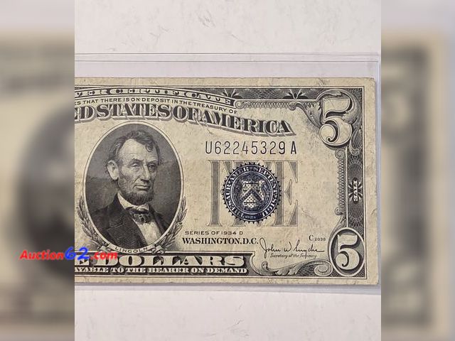 Lot 44-8343p - 1934D SERIES $5 SILVER CERTIFICATE. CIRCULATED, BUT STILL A NICE NOTE! FROM BACK IN THE GOOD OLD DAYS WHEN THEY SAID "PAYABLE IN SILVER TO T...