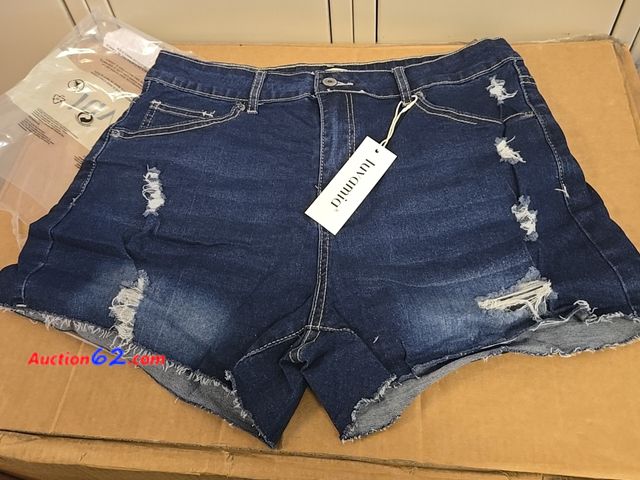 Lot 44-4040p - Size Large Luvamia Women's High Waisted Distressed Denim Shorts, Blue Appears New, A basic inspection has been given to this item. Sold AS-I...