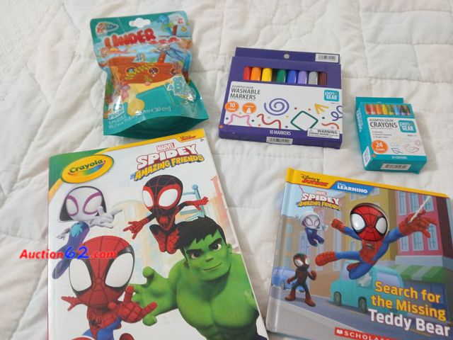 Lot 44-2120g - Disney Junior Spidey Book, retails for 9.99, Marvel 96 page Spidey coloring book, washable markers, 24 crayons and one Under the sea 45 piec...