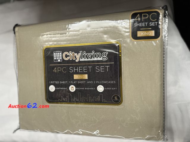 Lot 44-6030o - City living 4 pc king size sheet set fitted flat 2 pillow cases. Light weight super soft.New. See All Photo's Not Tested Never opened, Facto...