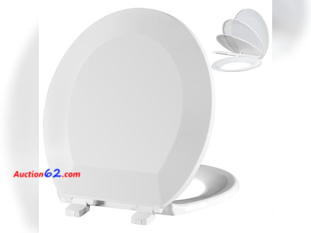 Lot 44-4106e - Angol Shiold Elongated Toilet Seat - Slow Close Hinges, Ergonomic Design with Grip-Tight Bumpers, Safe Easy-Clean PP Material (White, 18.5" ...